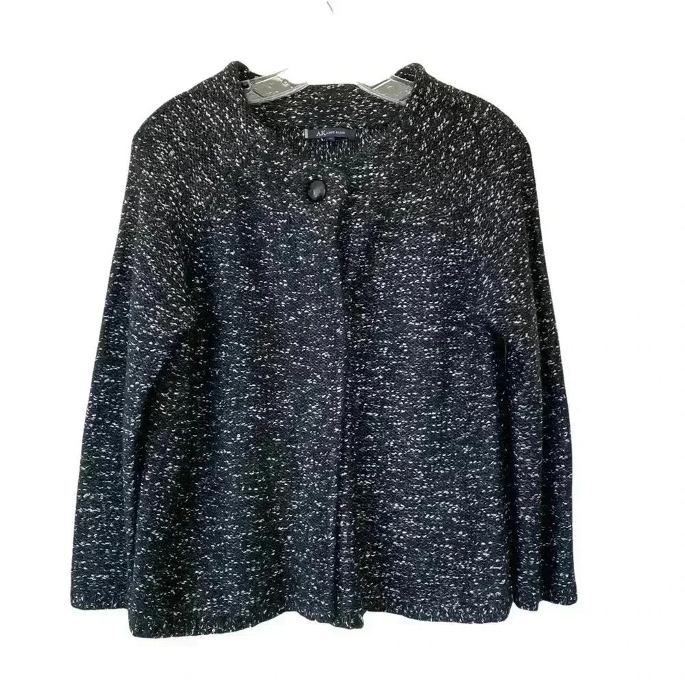 Anne Klein Tweed Blazer Jacket Medium Sequins Black Snap Button Front Careerwear